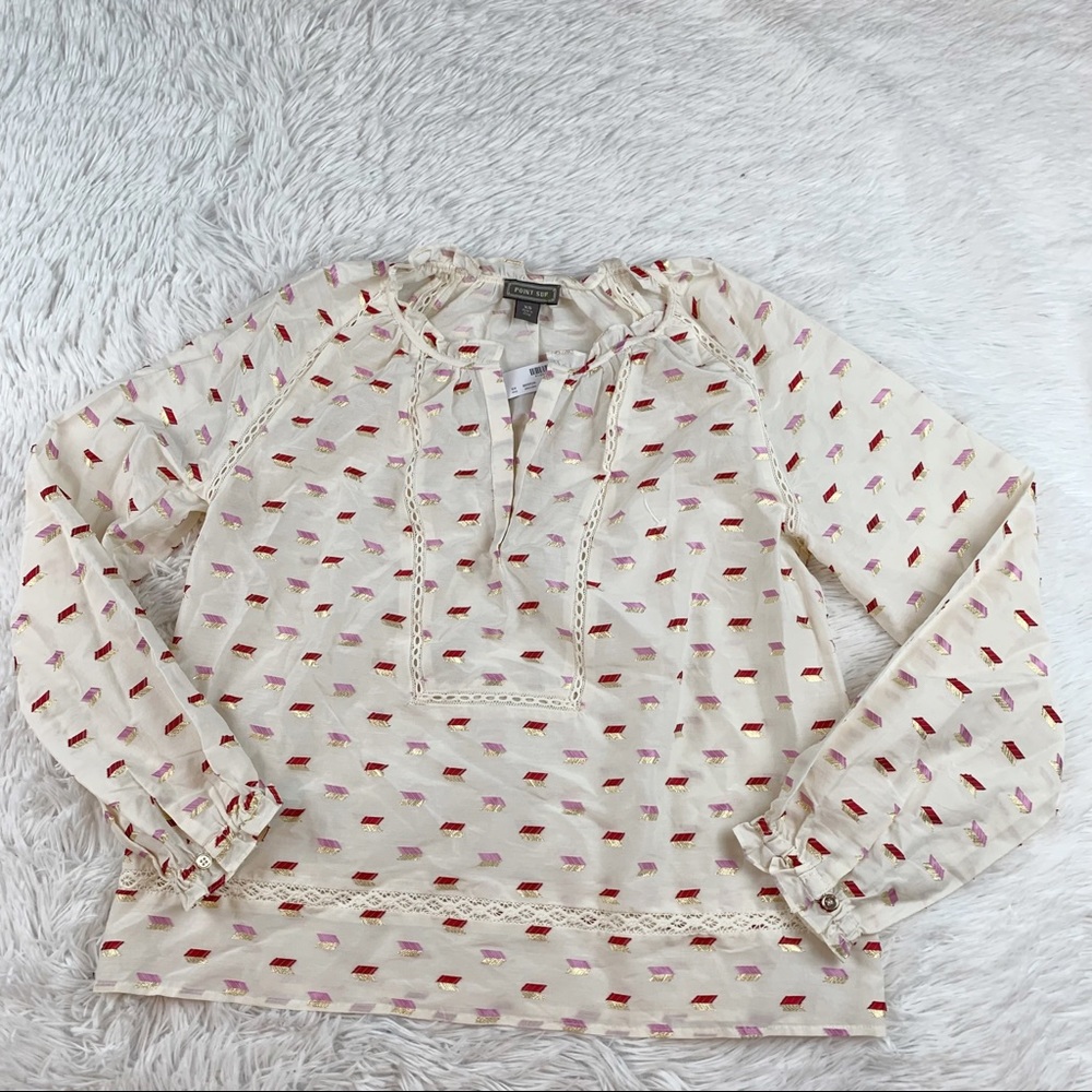 J‎ crew Point Sur long sleeve tie neck metallic clip dot blouse top - Picture 2 of 9
